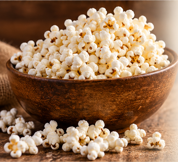 Japanese White Hulless Popcorn in a wooden bowl