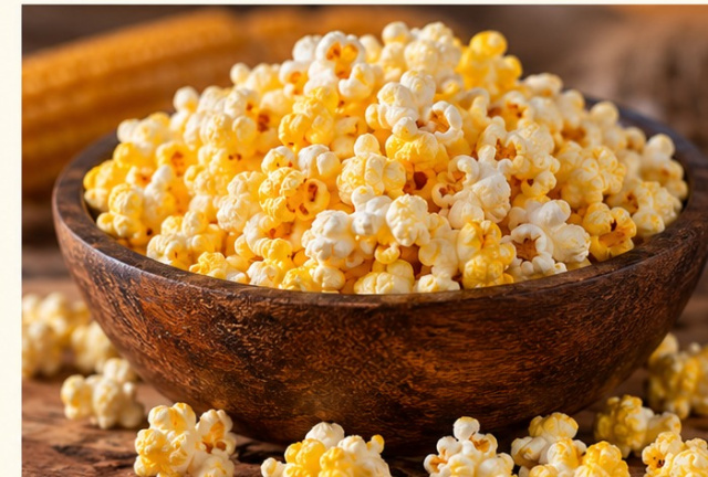 Yellow Hulless Popcorn in a wooden bowl